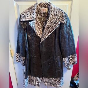 Vintage Stylish Brown Trench Coat with Leopard Print Accents sz 8